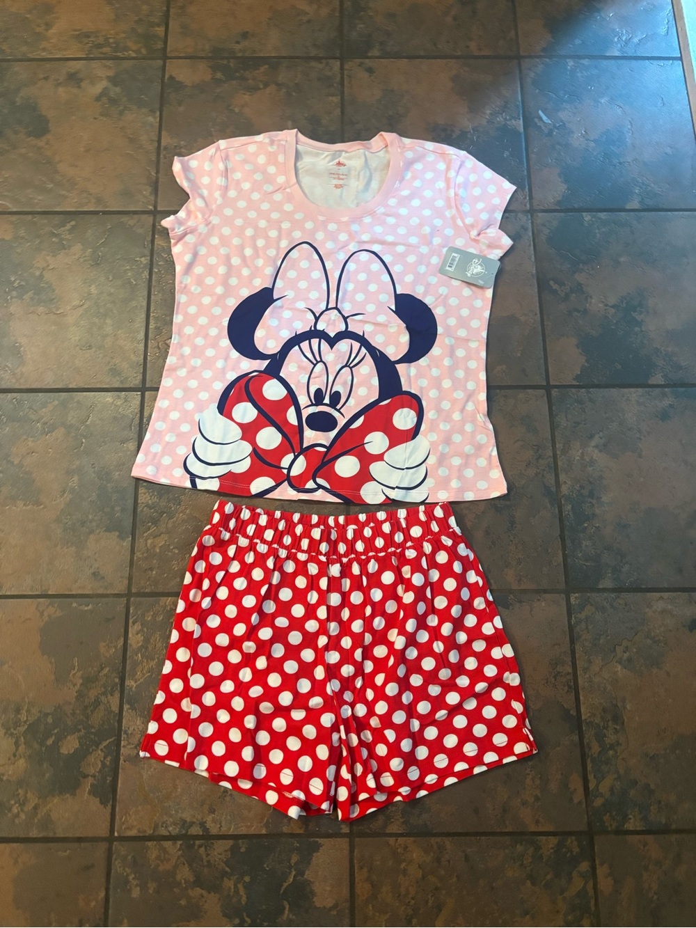💜Pink Minnie Mouse Polka Dot Pajama Set - Pink & Red - Picture 1 of 4